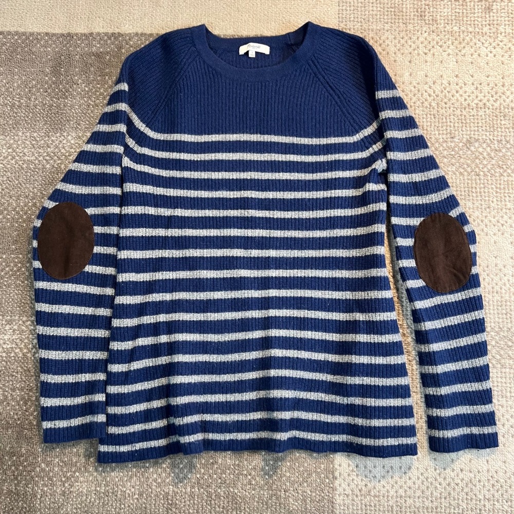 Madewell 100% Merino Wool Striped Sweater Leather Elbow Patches Navy Womens L